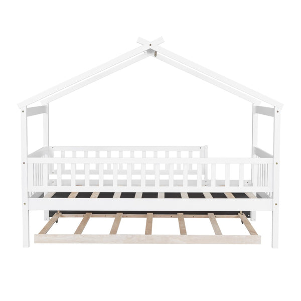 English Elm Twin House Bed Pinewood Frame with Roofline Design and Pull Out Trundle for Kids WF302178AAK