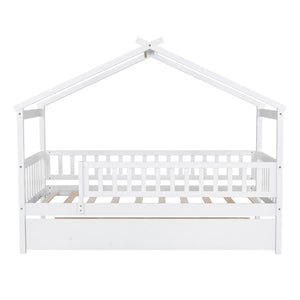 English Elm Twin House Bed Pinewood Frame with Roofline Design and Pull Out Trundle for Kids WF302178AAK