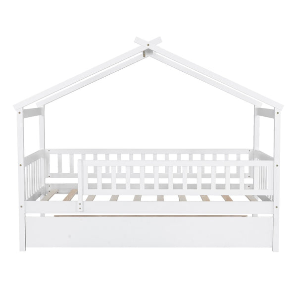 English Elm Twin House Bed Pinewood Frame with Roofline Design and Pull Out Trundle for Kids WF302178AAK