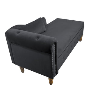 English Elm Beige Velvet Chaise with Hidden Storage Tufted Back Nailhead Trim Rolled Arm Lounge Black W1170100898