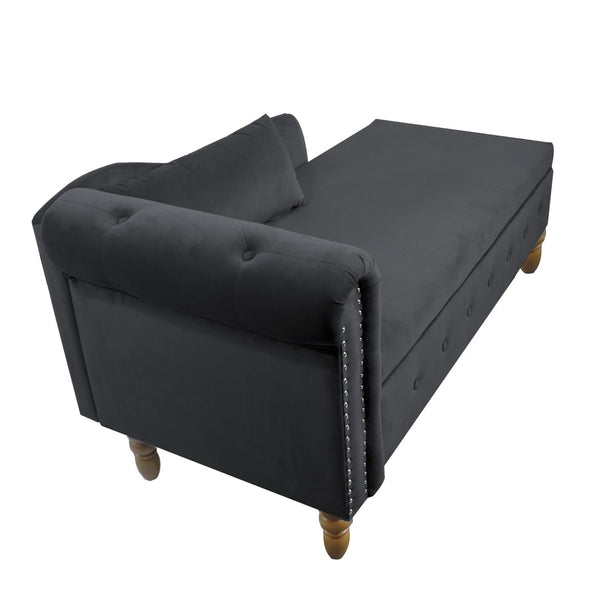 English Elm Beige Velvet Chaise with Hidden Storage Tufted Back Nailhead Trim Rolled Arm Lounge Black W1170100898