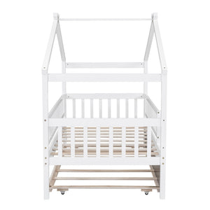 English Elm Twin House Bed Pinewood Frame with Roofline Design and Pull Out Trundle for Kids WF302178AAK