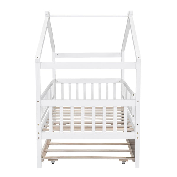 English Elm Twin House Bed Pinewood Frame with Roofline Design and Pull Out Trundle for Kids WF302178AAK