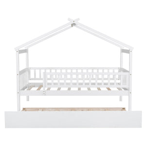 English Elm Twin House Bed Pinewood Frame with Roofline Design and Pull Out Trundle for Kids WF302178AAK