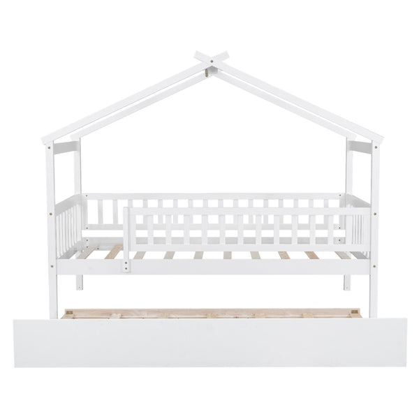 English Elm Twin House Bed Pinewood Frame with Roofline Design and Pull Out Trundle for Kids WF302178AAK