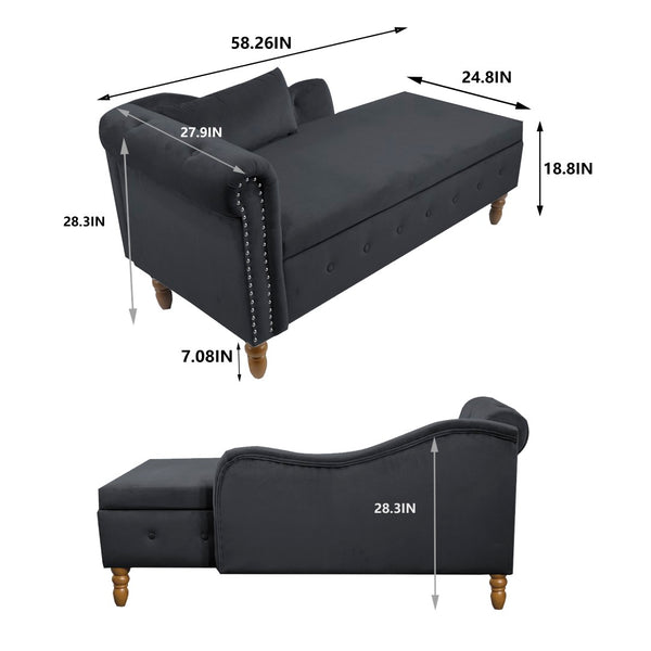 English Elm Beige Velvet Chaise with Hidden Storage Tufted Back Nailhead Trim Rolled Arm Lounge Black W1170100898