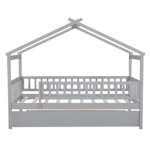 English Elm Twin House Bed Pinewood Frame with Roofline Design and Pull Out Trundle for Kids Gray WF302178AAE