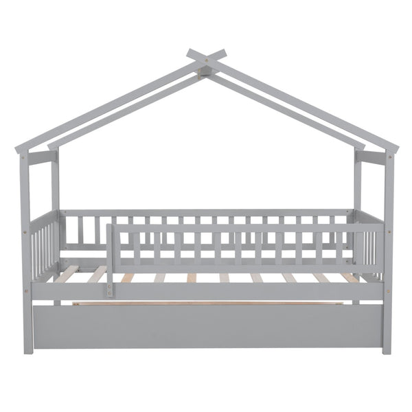 English Elm Twin House Bed Pinewood Frame with Roofline Design and Pull Out Trundle for Kids Gray WF302178AAE