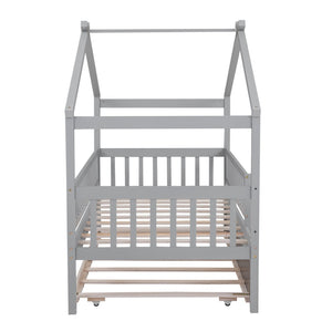 English Elm Twin House Bed Pinewood Frame with Roofline Design and Pull Out Trundle for Kids Gray WF302178AAE