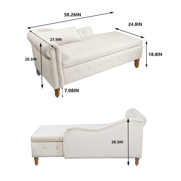 English Elm Beige Velvet Chaise with Hidden Storage Tufted Back Nailhead Trim Rolled Arm Lounge Beige W1170100896
