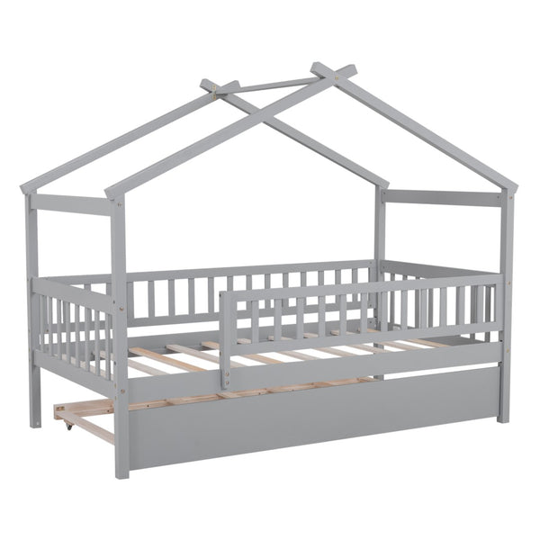 English Elm Twin House Bed Pinewood Frame with Roofline Design and Pull Out Trundle for Kids Gray WF302178AAE