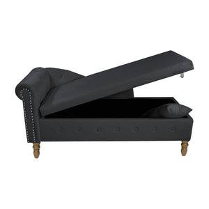 English Elm Beige Velvet Chaise with Hidden Storage Tufted Back Nailhead Trim Rolled Arm Lounge Black W1170100898