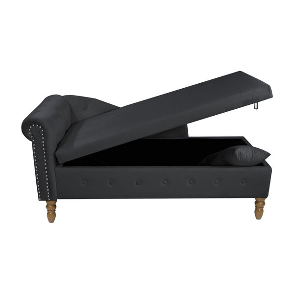 English Elm Beige Velvet Chaise with Hidden Storage Tufted Back Nailhead Trim Rolled Arm Lounge Black W1170100898
