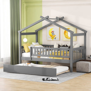 English Elm Twin House Bed Pinewood Frame with Roofline Design and Pull Out Trundle for Kids Gray WF302178AAE