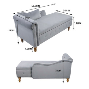 English Elm Beige Velvet Chaise with Hidden Storage Tufted Back Nailhead Trim Rolled Arm Lounge Grey W1170100897