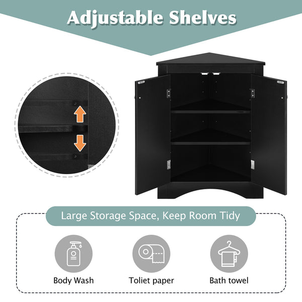 English Elm Black Triangle Corner Cabinet with Adjustable Shelves, Modern Freestanding MDF Storage for Home Elegance WF291467AAB