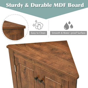 English Elm Brown Triangle Corner Cabinet with Adjustable Shelves, Freestanding MDF Storage, Modern Space-Saver WF291467AAD