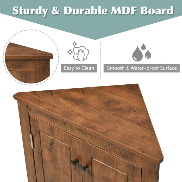English Elm Brown Triangle Corner Cabinet with Adjustable Shelves, Freestanding MDF Storage, Modern Space-Saver WF291467AAD