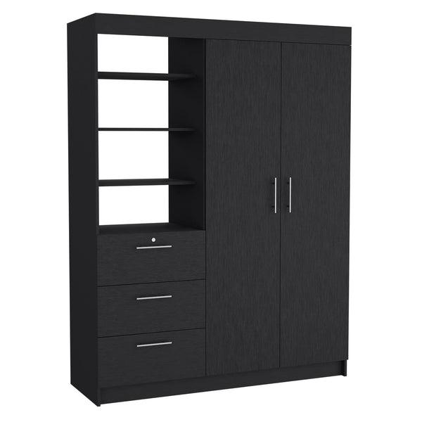 English Elm Kenya Spacious 3-Drawer Armoire with Double Doors, 3-Tier Shelves, Metal Handles & Hangers for Organized Bedroom Storage Black 75.2 L x 22.8 W x 4.3 H B200S00167