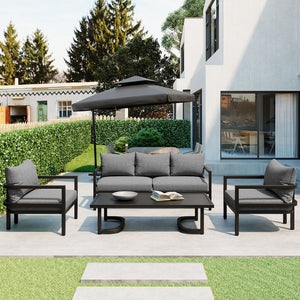 English Elm U_style 5 Seat Outdoor Sofa Set Powder Coated Steel Acacia Wood Table Garden Patio Light Gray WY000333AAE