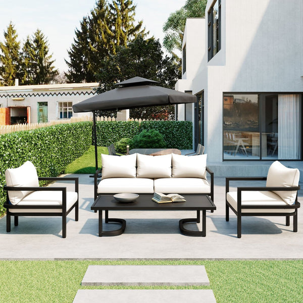 English Elm U_style 5 Seat Outdoor Sofa Set Powder Coated Steel Acacia Wood Table Garden Patio Beige WY000333AAA