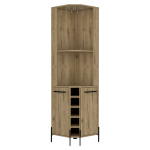 English Elm Hans Corner Bar Cabinet Macadamia Oak Finish with 5 Bottle Wine Rack, 9pc Stemware, 2 Shelves, Storage B070S00181