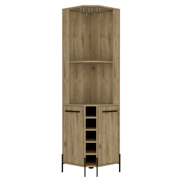 English Elm Hans Corner Bar Cabinet Macadamia Oak Finish with 5 Bottle Wine Rack, 9pc Stemware, 2 Shelves, Storage B070S00181