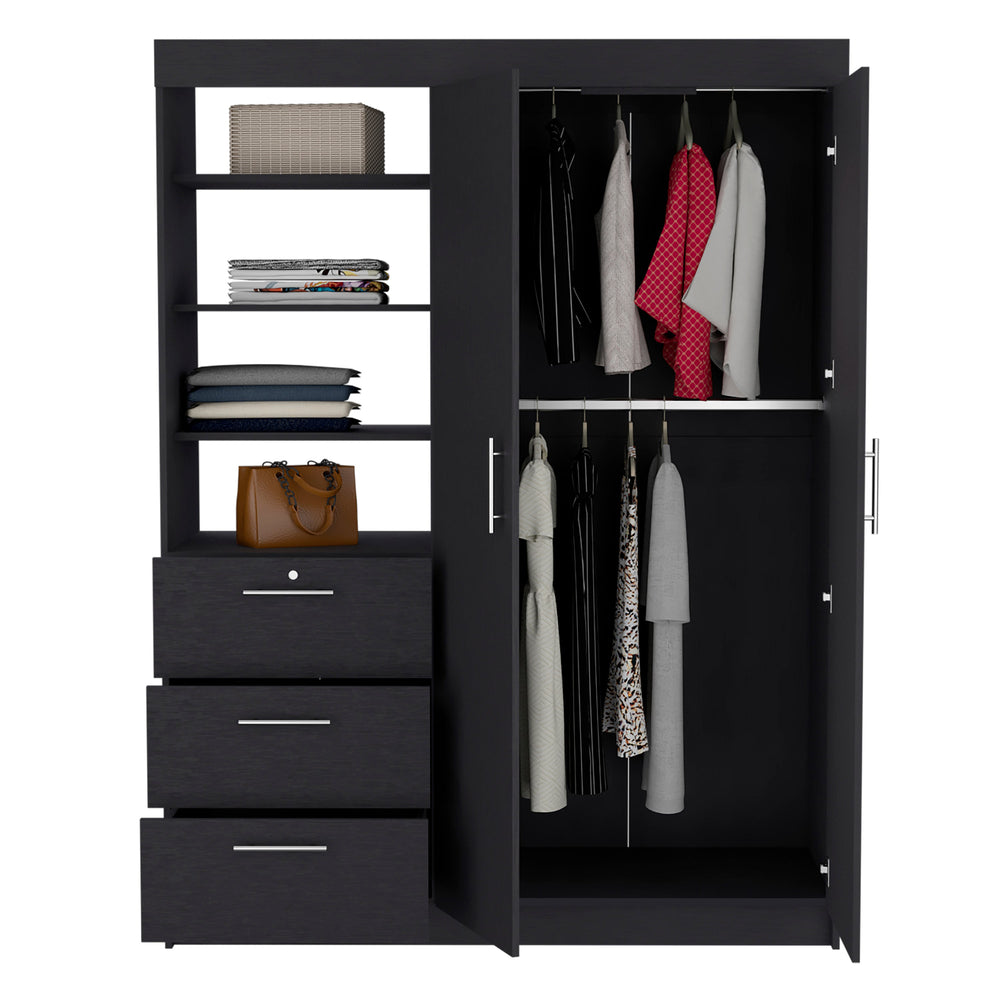 English Elm Kenya Spacious 3-Drawer Armoire with Double Doors, 3-Tier Shelves, Metal Handles & Hangers for Organized Bedroom Storage Black 75.2 L x 22.8 W x 4.3 H B200S00167