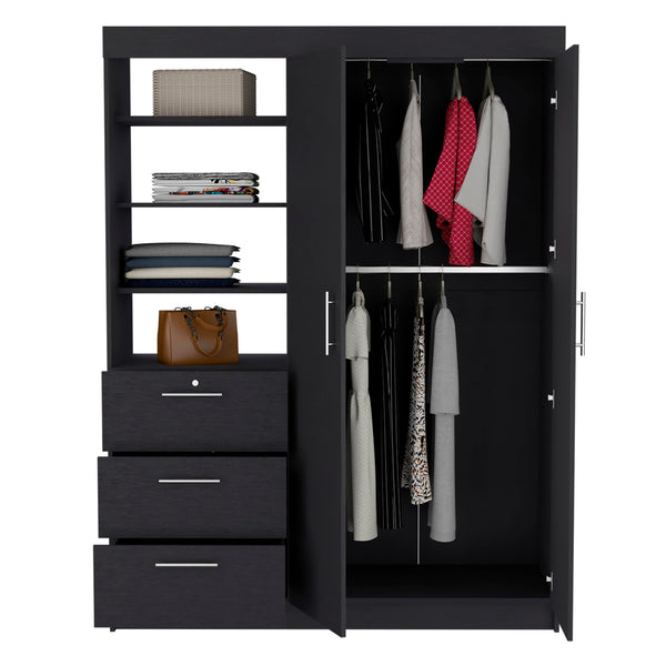 English Elm Kenya Armoire with Double Doors, Three Drawers & 3-Tier Shelves for Organized Bedroom Storage Black 75.2 L x 22.8 W x 4.3 H B070S00167