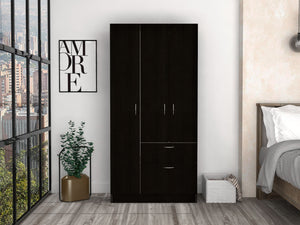 English Elm Primavera Modern Armoire Cabinet with Double Doors, Hanging Rod, Drawer & 5 Shelves, 67.2" Tall B200S00156
