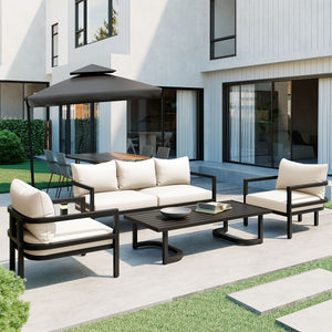 English Elm U_style 5 Seat Outdoor Sofa Set Powder Coated Steel Acacia Wood Table Garden Patio Beige WY000333AAA