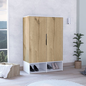 English Elm Rosie Mid-Size Armoire Wardrobe with Hanging Rod, Six Shelves, Double Doors, Light Oak/White Finish B200S00159