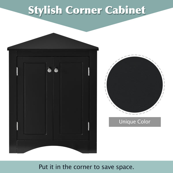 English Elm Black Triangle Corner Cabinet with Adjustable Shelves, Modern Freestanding MDF Storage for Home Elegance WF291467AAB
