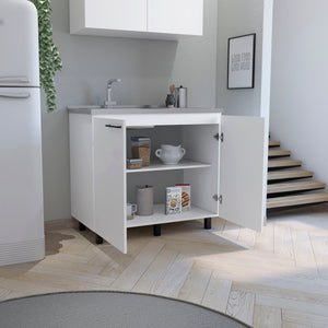 English Elm Napoles 2 Utility Sink Cabinet With Stainless Steel Top, Adjustable Shelf & Sleek White Design B070S00168