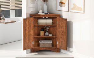 English Elm Brown Triangle Corner Cabinet with Adjustable Shelves, Freestanding MDF Storage, Modern Space-Saver WF291467AAD