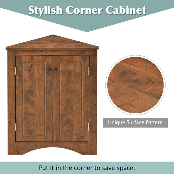 English Elm Brown Triangle Corner Cabinet with Adjustable Shelves, Freestanding MDF Storage, Modern Space-Saver WF291467AAD