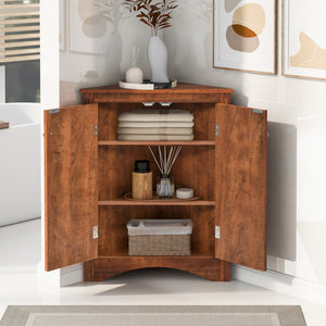 English Elm Brown Triangle Corner Cabinet with Adjustable Shelves, Freestanding MDF Storage, Modern Space-Saver WF291467AAD