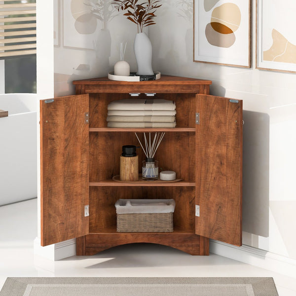 English Elm Brown Triangle Corner Cabinet with Adjustable Shelves, Freestanding MDF Storage, Modern Space-Saver WF291467AAD
