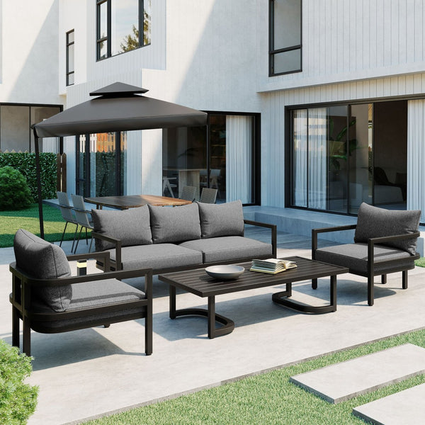 English Elm U_style 5 Seat Outdoor Sofa Set Powder Coated Steel Acacia Wood Table Garden Patio Light Gray WY000333AAE
