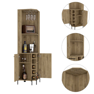 English Elm Hans Corner Bar Cabinet Macadamia Oak Finish with 5 Bottle Wine Rack, 9pc Stemware, 2 Shelves, Storage B070S00181