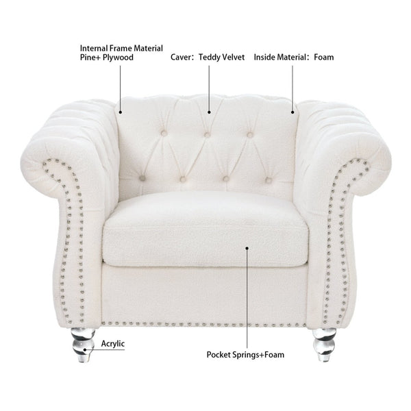 English Elm 1 Seater Teddy Velvet Accent Chair with Pocket Spring Support and Acrylic Legs W680P430879