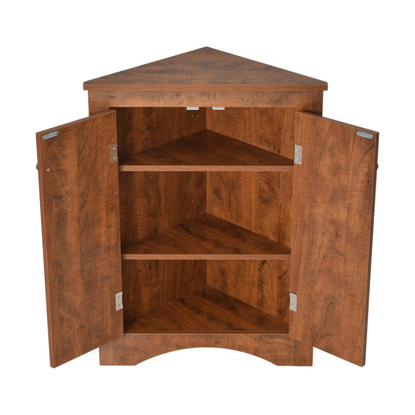 English Elm Brown Triangle Corner Cabinet with Adjustable Shelves, Freestanding MDF Storage, Modern Space-Saver WF291467AAD
