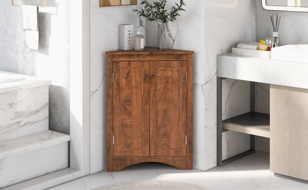 English Elm Brown Triangle Corner Cabinet with Adjustable Shelves, Freestanding MDF Storage, Modern Space-Saver WF291467AAD