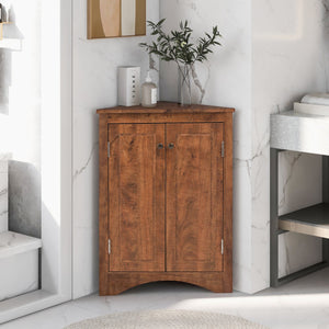 English Elm Brown Triangle Corner Cabinet with Adjustable Shelves, Freestanding MDF Storage, Modern Space-Saver WF291467AAD