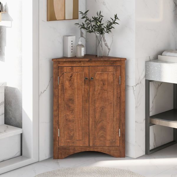 English Elm Brown Triangle Corner Cabinet with Adjustable Shelves, Freestanding MDF Storage, Modern Space-Saver WF291467AAD
