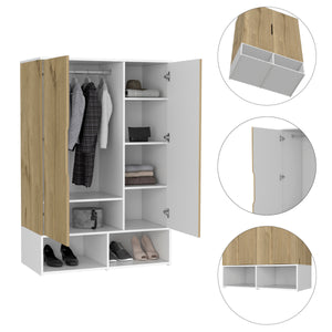 English Elm Rosie Mid-Sized Armoire Wardrobe with Hanging Rod, Six Shelves, Two Open Shoe Shelves, Light Oak/White B070S00159