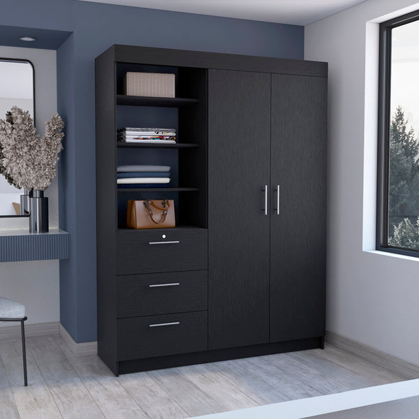 English Elm Kenya Spacious 3-Drawer Armoire with Double Doors, 3-Tier Shelves, Metal Handles & Hangers for Organized Bedroom Storage Black 75.2 L x 22.8 W x 4.3 H B200S00167