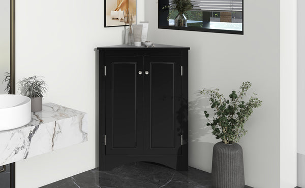 English Elm Black Triangle Corner Cabinet with Adjustable Shelves, Modern Freestanding MDF Storage for Home Elegance WF291467AAB