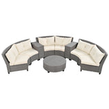 English Elm [Video Provided] 6 - Person Fan-Shaped Rattan Suit Combination With Cushions and Table,Suitable For Garden