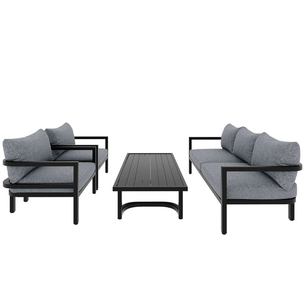 English Elm U_style 5 Seat Outdoor Sofa Set Powder Coated Steel Acacia Wood Table Garden Patio Light Gray WY000333AAE